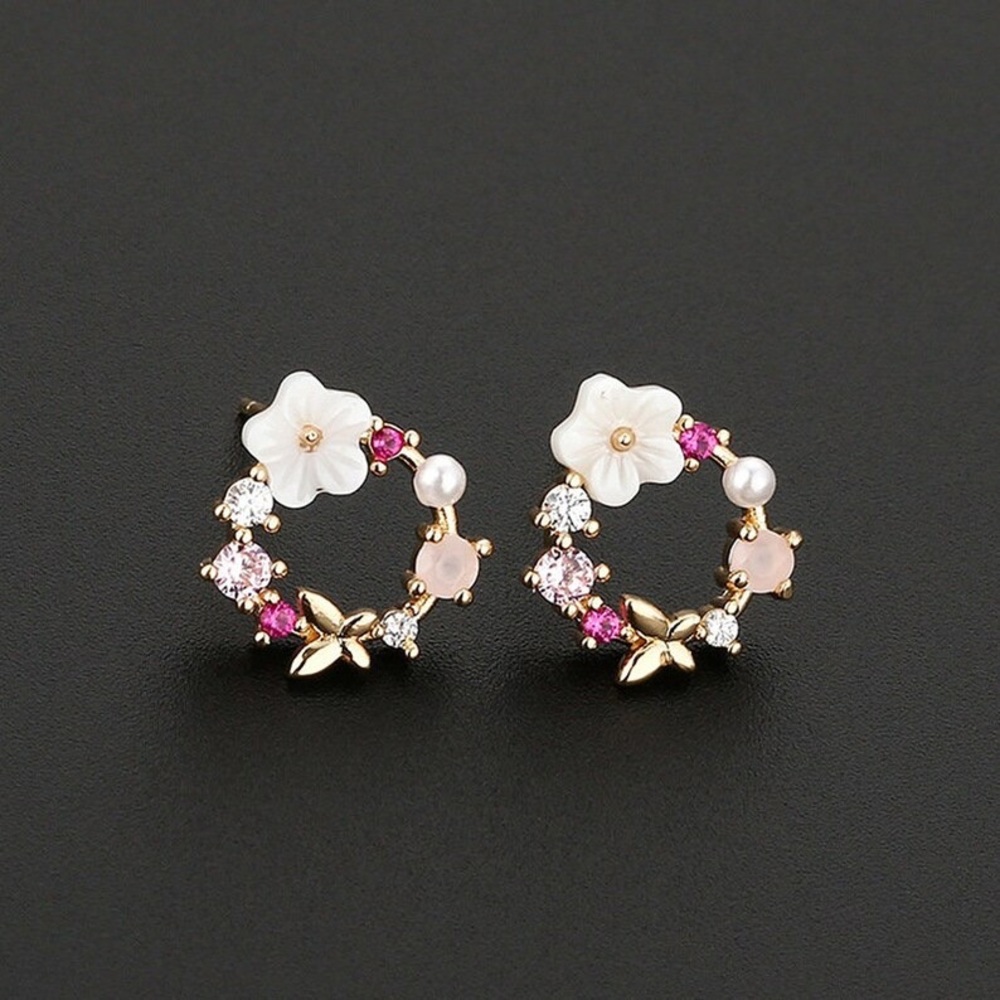 925 Rose Gold Wreath Pink Diamanté White Flower Butterfly Stud Earrings - Picture 2 of 5